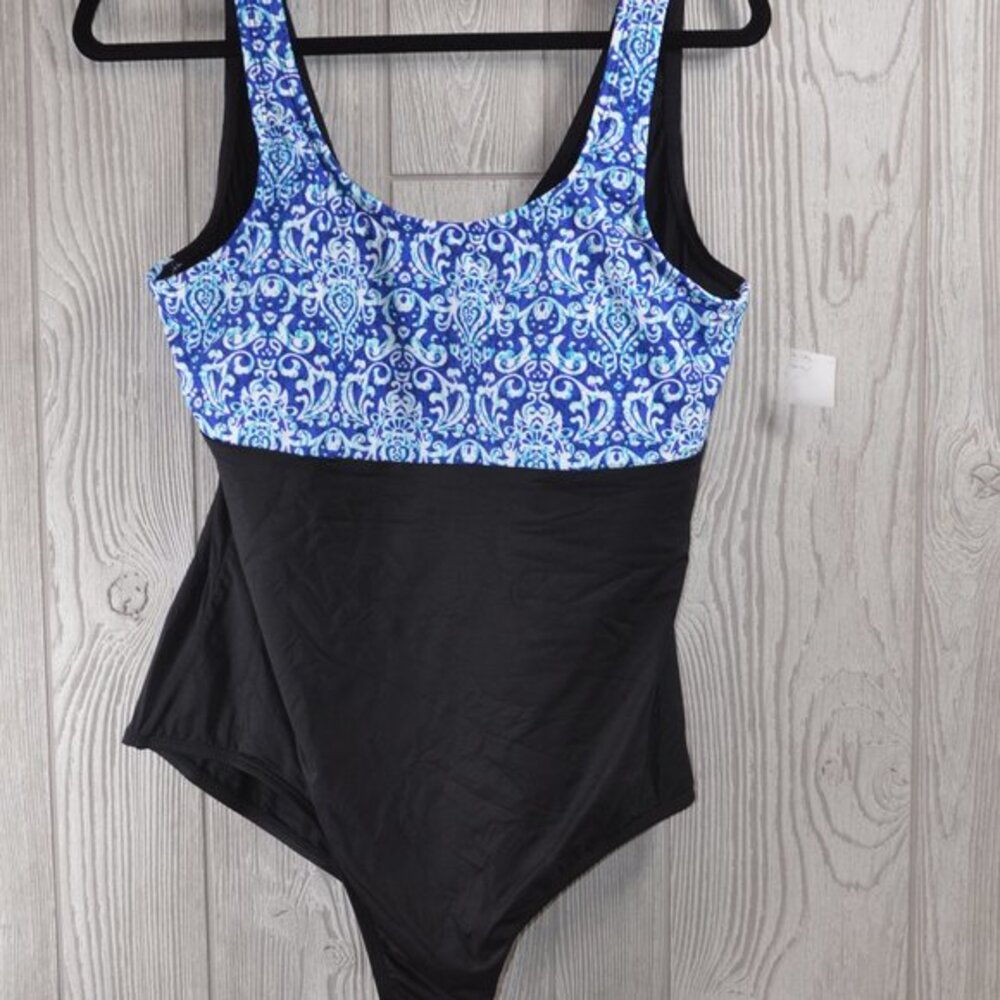 NWT Bleu Ice Womens Black Blue Damask Print One Piece Swimsuit 24 PLUS SIZE